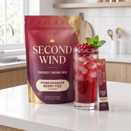 Second Wind Pomegranate Berry Fizz pouch, stick and ruby drink