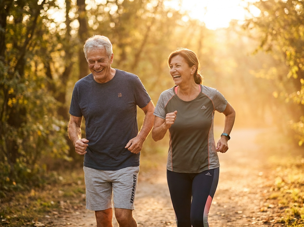 Active older couple walking outdoors