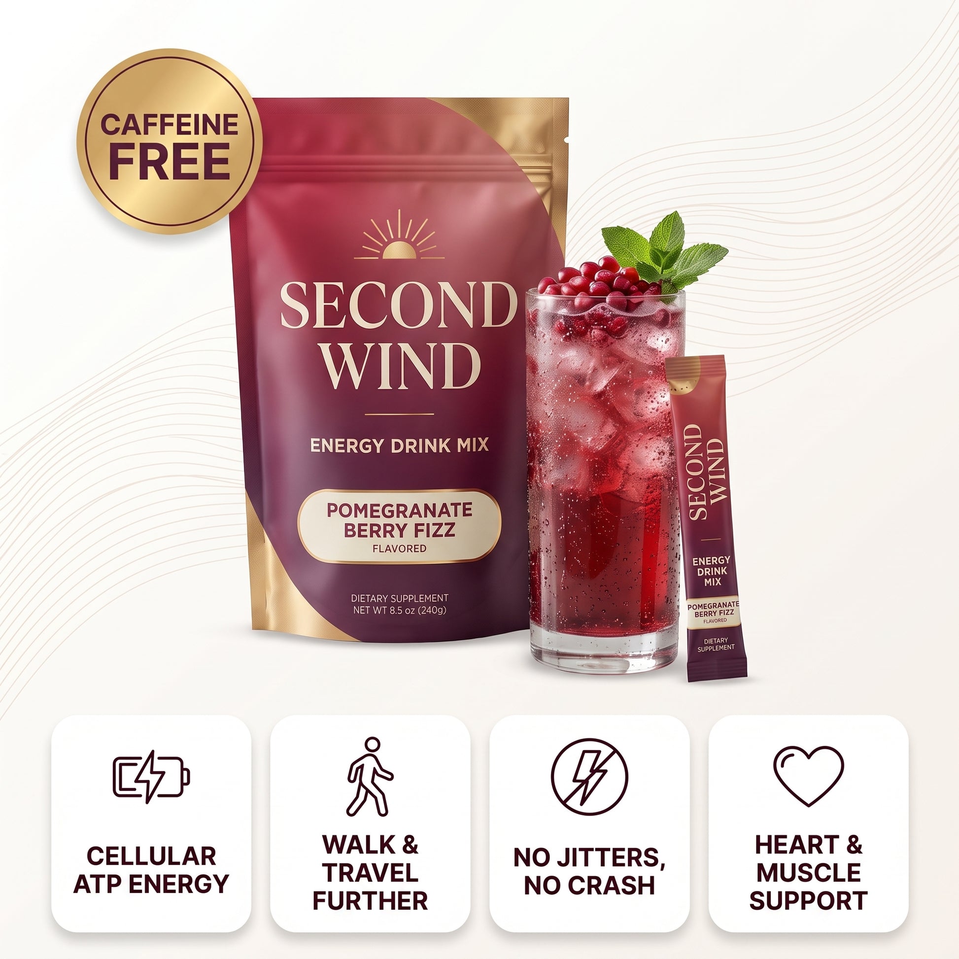 Caffeine-free, cellular ATP energy, walk and travel further, no jitters no crash, heart and muscle support