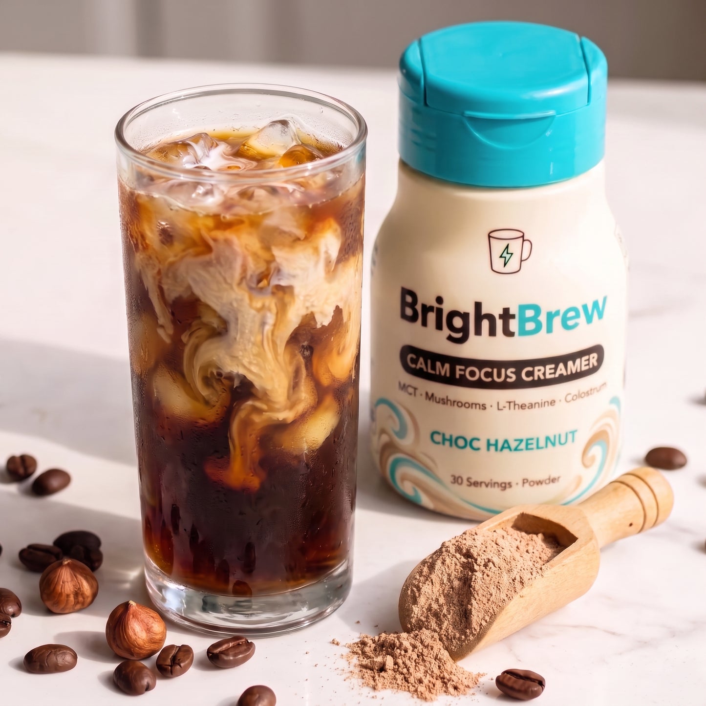BrightBrew iced coffee with powder scoop